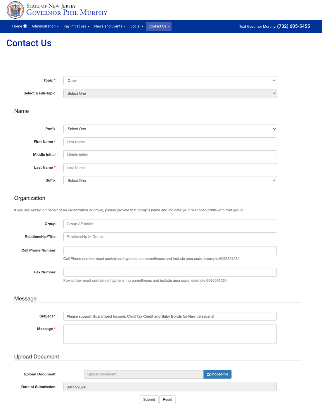 Gov Murphy Contact Form